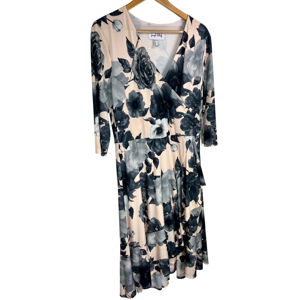 Joseph Ribkoff Dress Women 12 Blush Grey Floral Faux Wrap Midi 3/4 Sleeve - Picture 3 of 9